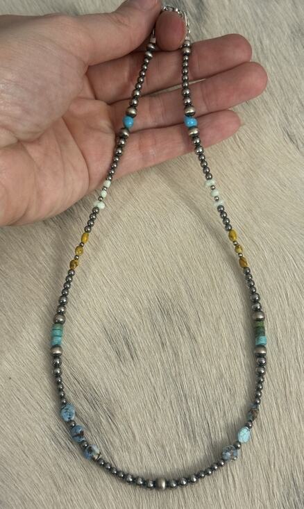 Southwest Jewelry - Sterling Silver Golden Hills Sonoran Gold Paloma Turquoise Navajo Pearl Necklace
